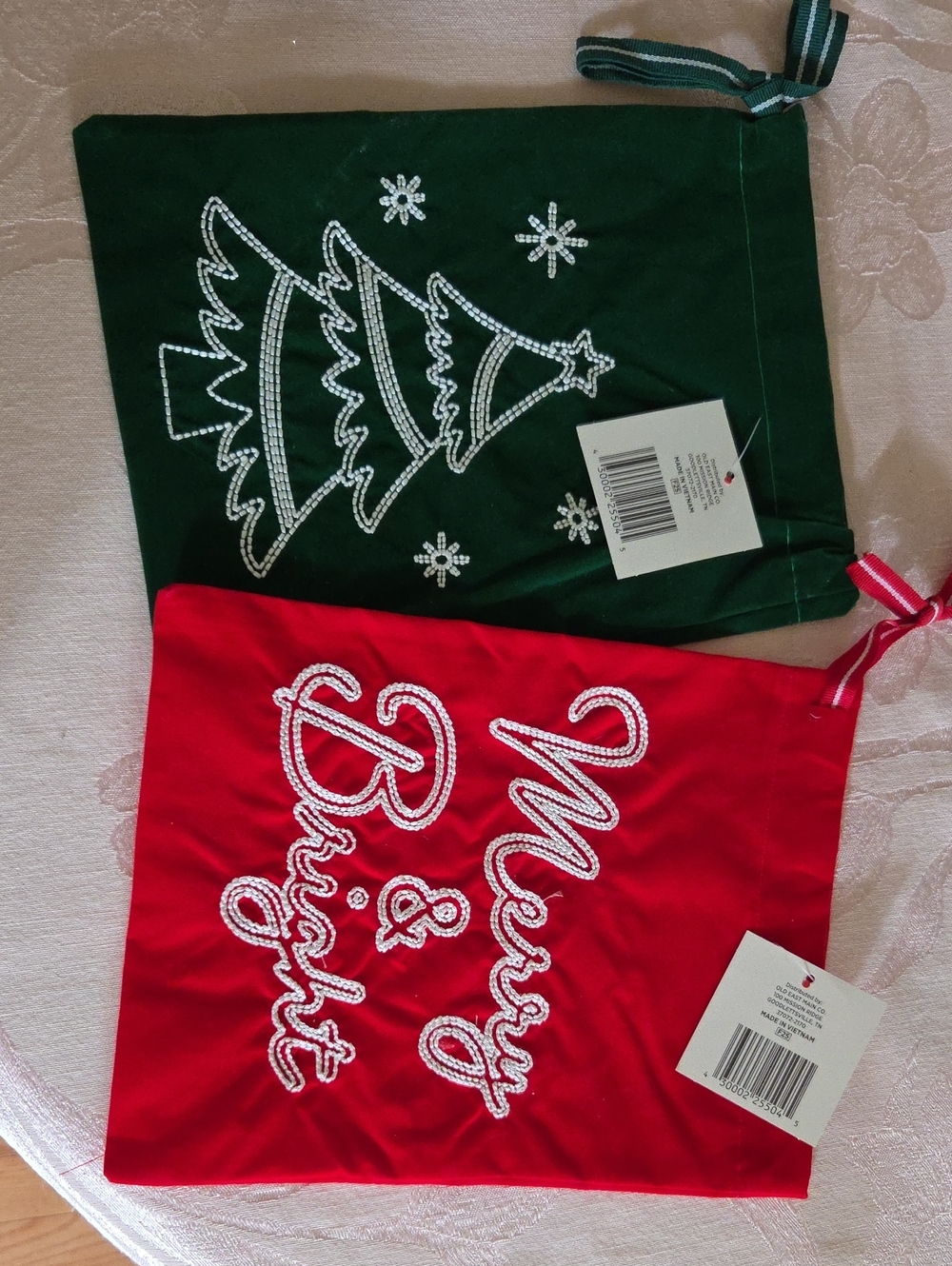 Holiday Embroidered Red & Green Gift Bags